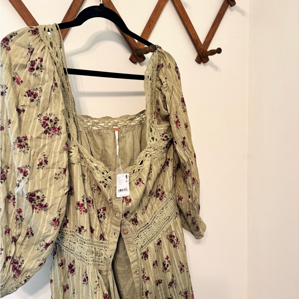 Free People Sage Green Floral Lace-Trim Midi Dress - Picture 5 of 7